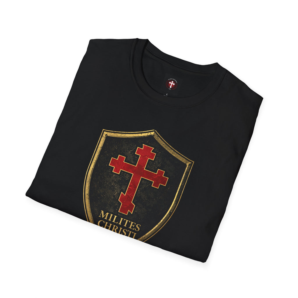 Christian Shield T-Shirt — Red Cross ‘Milites Christi’ Faith Tee